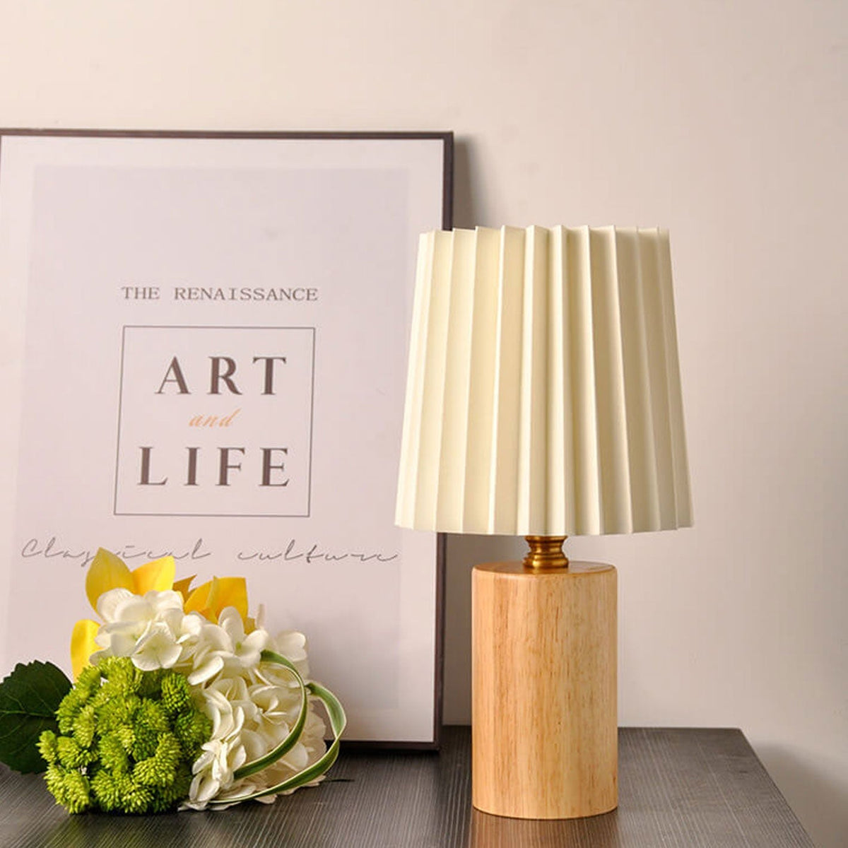 Pleated Table Lamp Solid Wood Column Base Vintage Korean Style Bedside Lamp with Fabric Shade USB or Plug In for Bedroom and Living Room