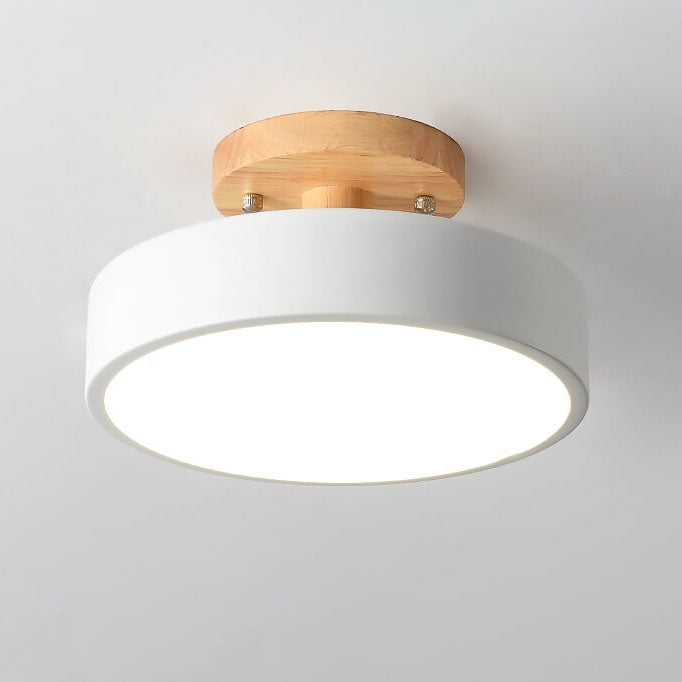 Nordic Round LED Ceiling Light Wood and Metal Semi Flush Ceiling Lamp with Colour Temperature Options for Hallway | Bedroom and Living Room