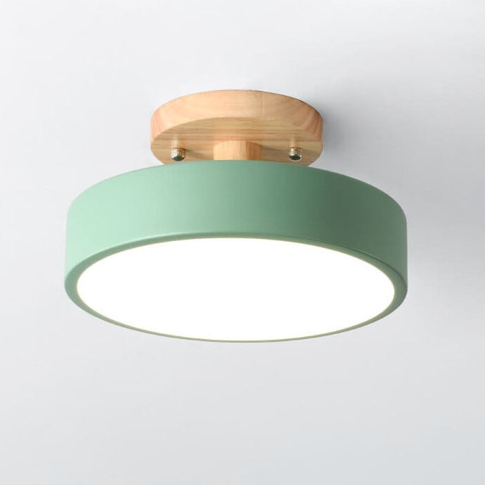 Nordic Round LED Ceiling Light Wood and Metal Semi Flush Ceiling Lamp with Colour Temperature Options for Hallway | Bedroom and Living Room