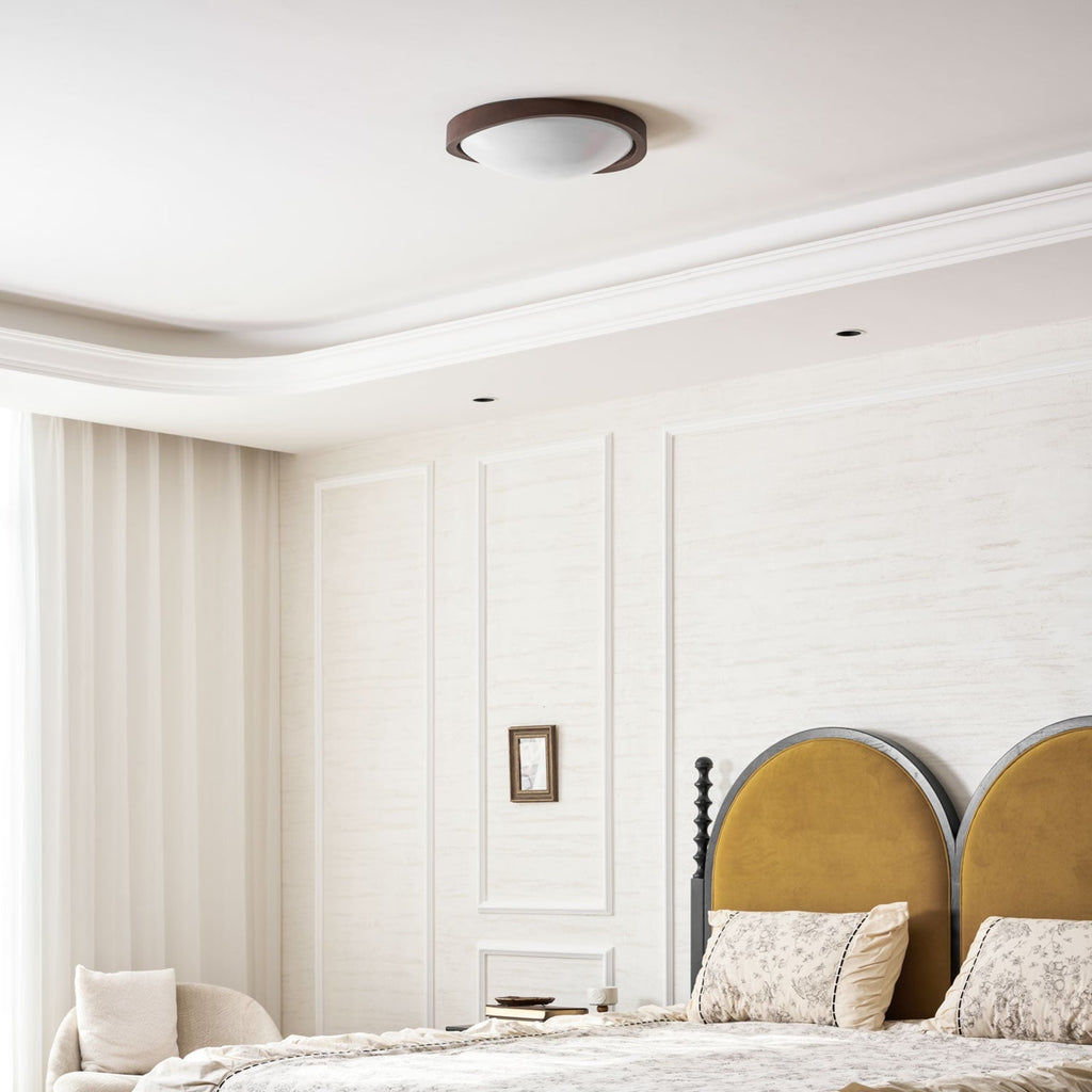 Modern Wood-Effect Fabric Flush Mount Ceiling Light With Tri-Colour Glow — Ashbury Home & Living