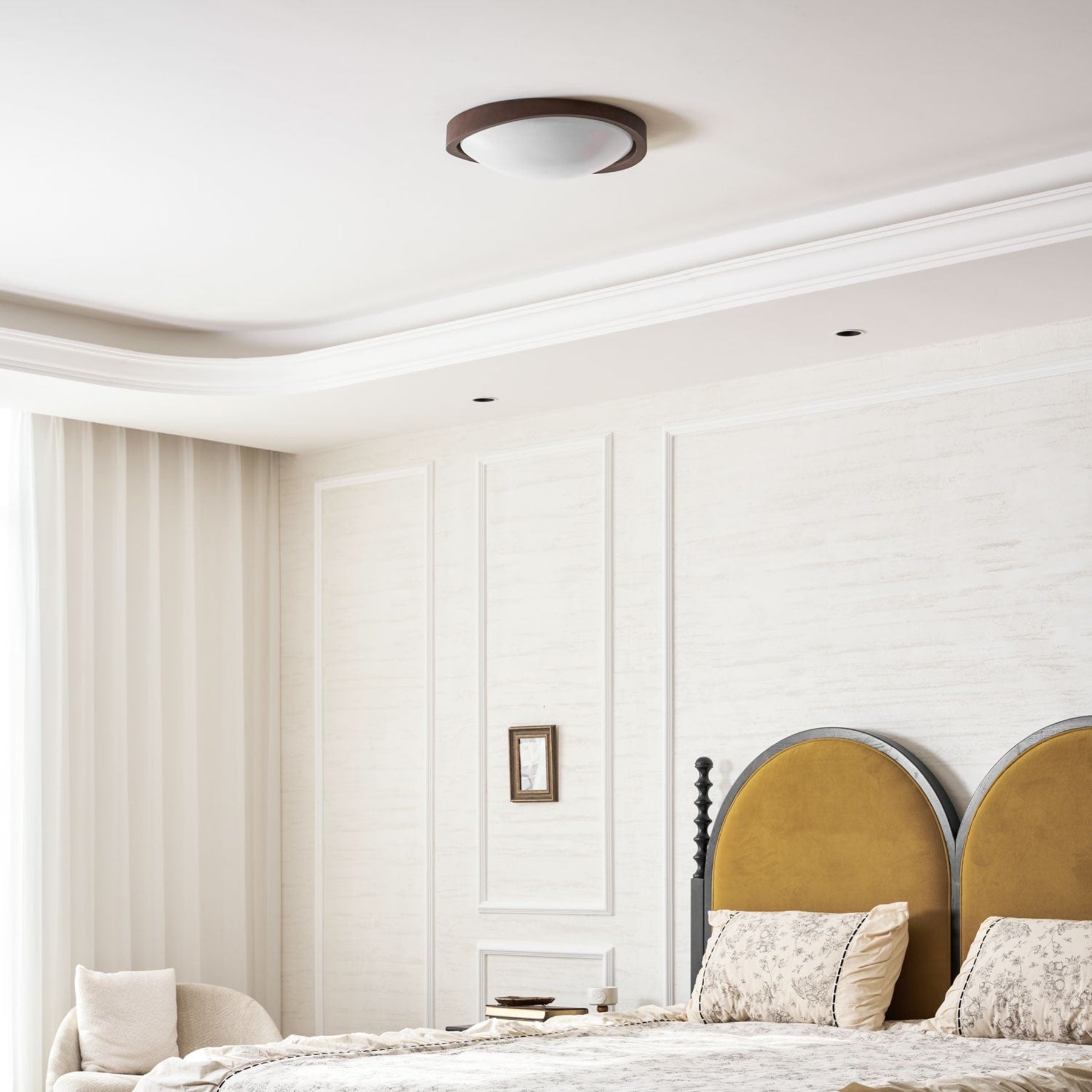 Modern Wood-Effect Fabric Flush Mount Ceiling Light With Tri-Colour Glow — Ashbury Home & Living