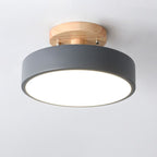 Nordic Round LED Ceiling Light Wood and Metal Semi Flush Ceiling Lamp with Colour Temperature Options for Hallway | Bedroom and Living Room