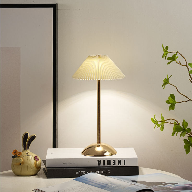 Rechargeable Table Lamp Pleated Fabric Shade Cordless Bedside Lamp with Iron Base Scandinavian Battery Lamp for Bedroom | Living Room and Dining Table