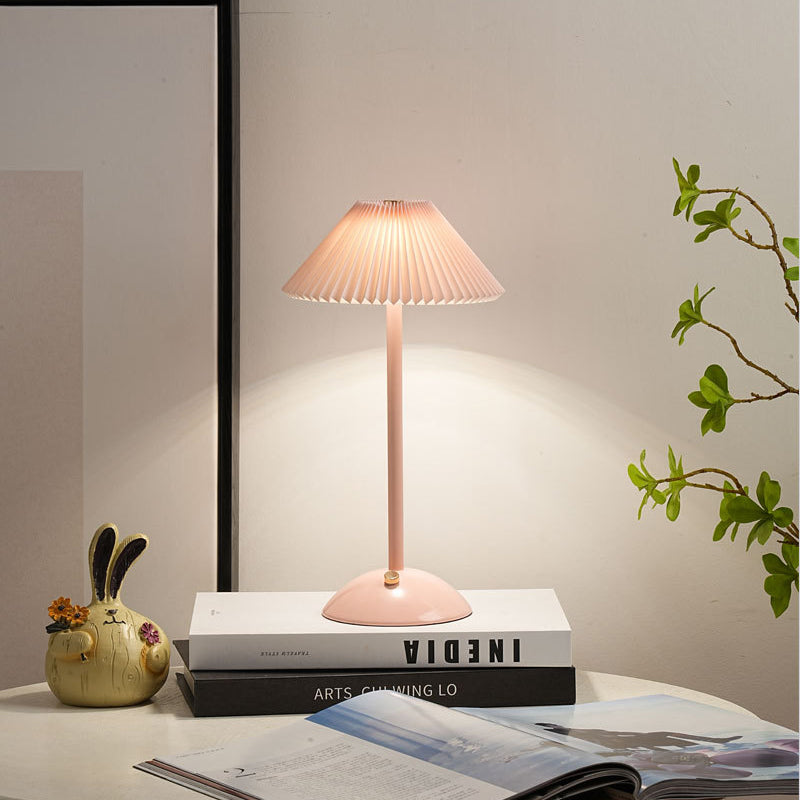 Rechargeable Table Lamp Pleated Fabric Shade Cordless Bedside Lamp with Iron Base Scandinavian Battery Lamp for Bedroom | Living Room and Dining Table