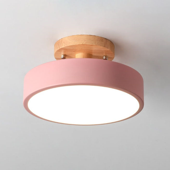 Nordic Round LED Ceiling Light Wood and Metal Semi Flush Ceiling Lamp with Colour Temperature Options for Hallway | Bedroom and Living Room