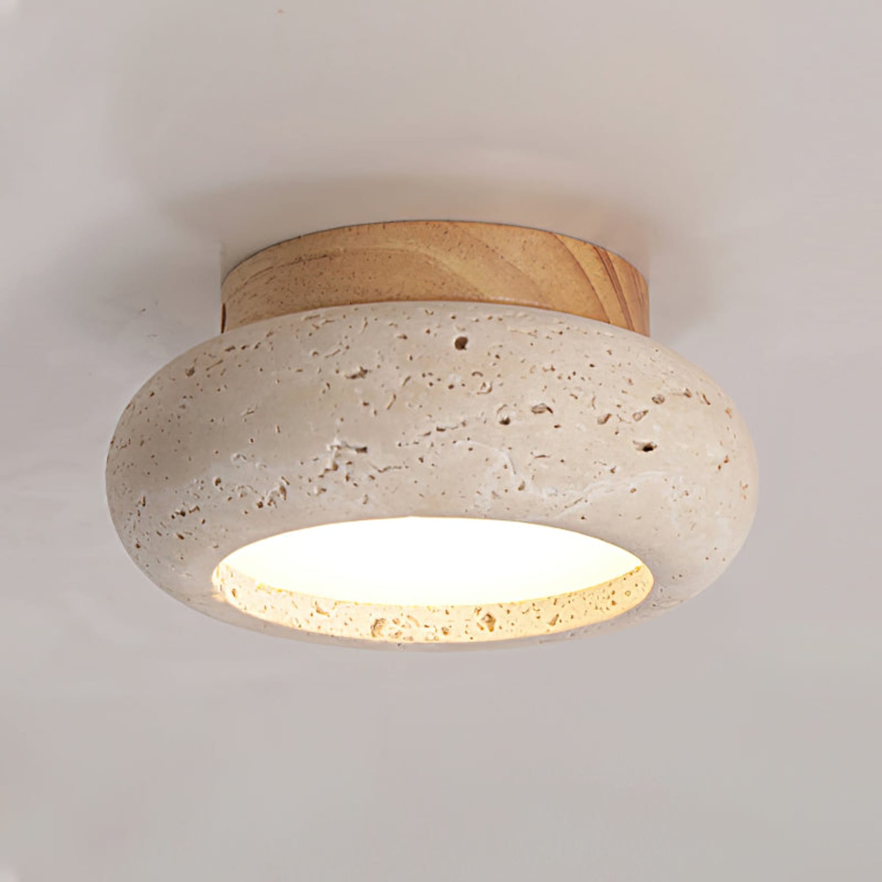 Minimalist Travertine Flush Mount Ceiling Light in Wood & Beige — Ashbury Home & Living