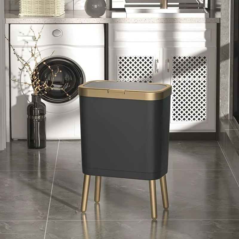 Slim Kitchen Bin with Lid and Raised Legs Odour Sealing Press-Top Rubbish Bin with Metallic Trim Waste Bin for Kitchen | Bathroom and Living Room