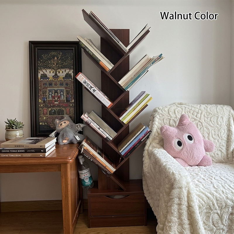 Tree Bookshelf with Drawer Freestanding Wooden Book Tower Tall Narrow Bookcase for Home Office | Bedroom and Kids Room