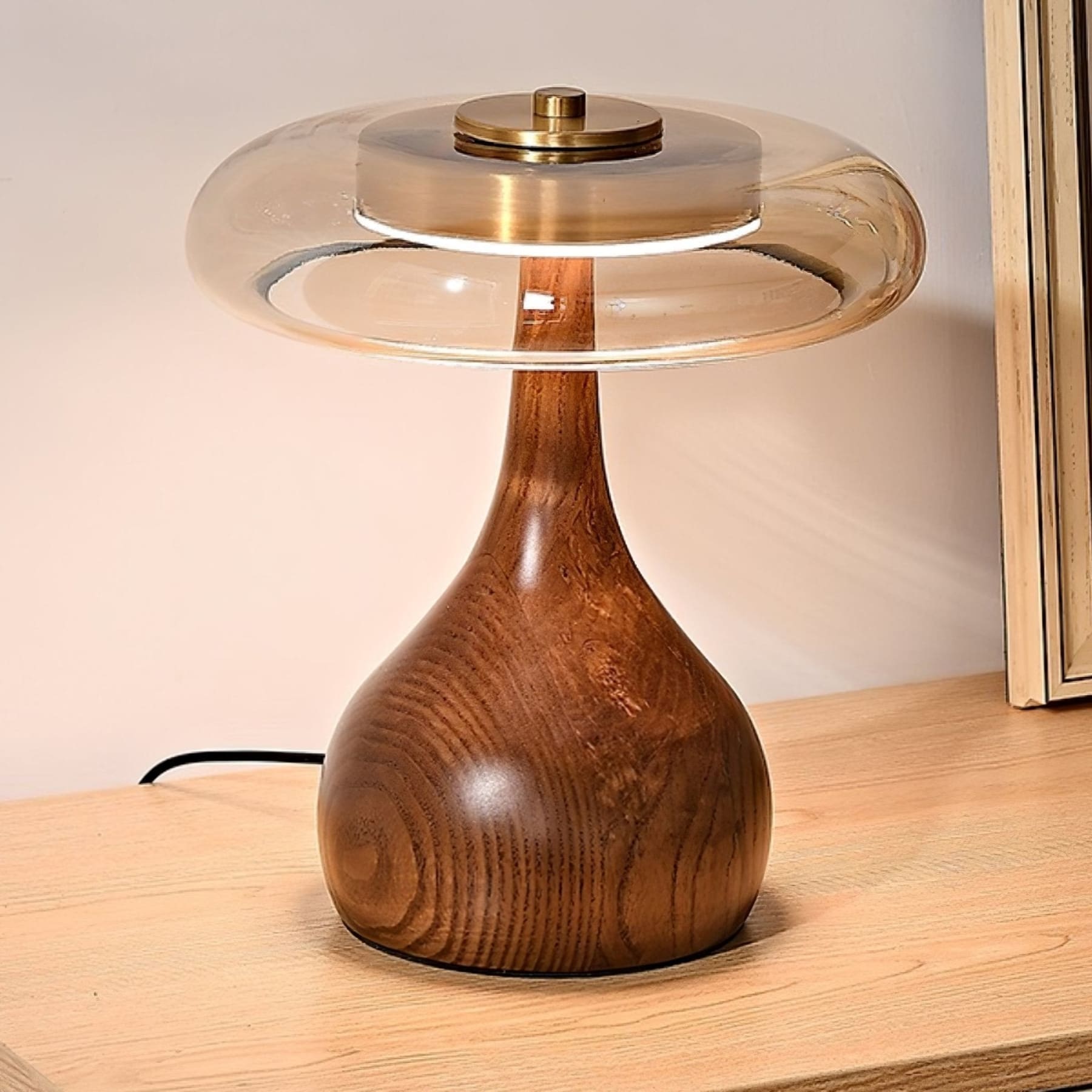 Contemporary Ash Wood And Brass Table Lamp With Glass Shade — Ashbury Home & Living