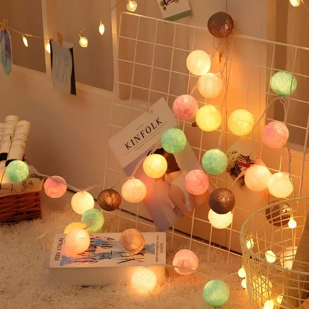 Cotton Ball String Lights LED Fairy Lights with Woven Cotton Balls Battery or USB Powered Garland Lights for Bedroom | Living Room | Nursery and Party