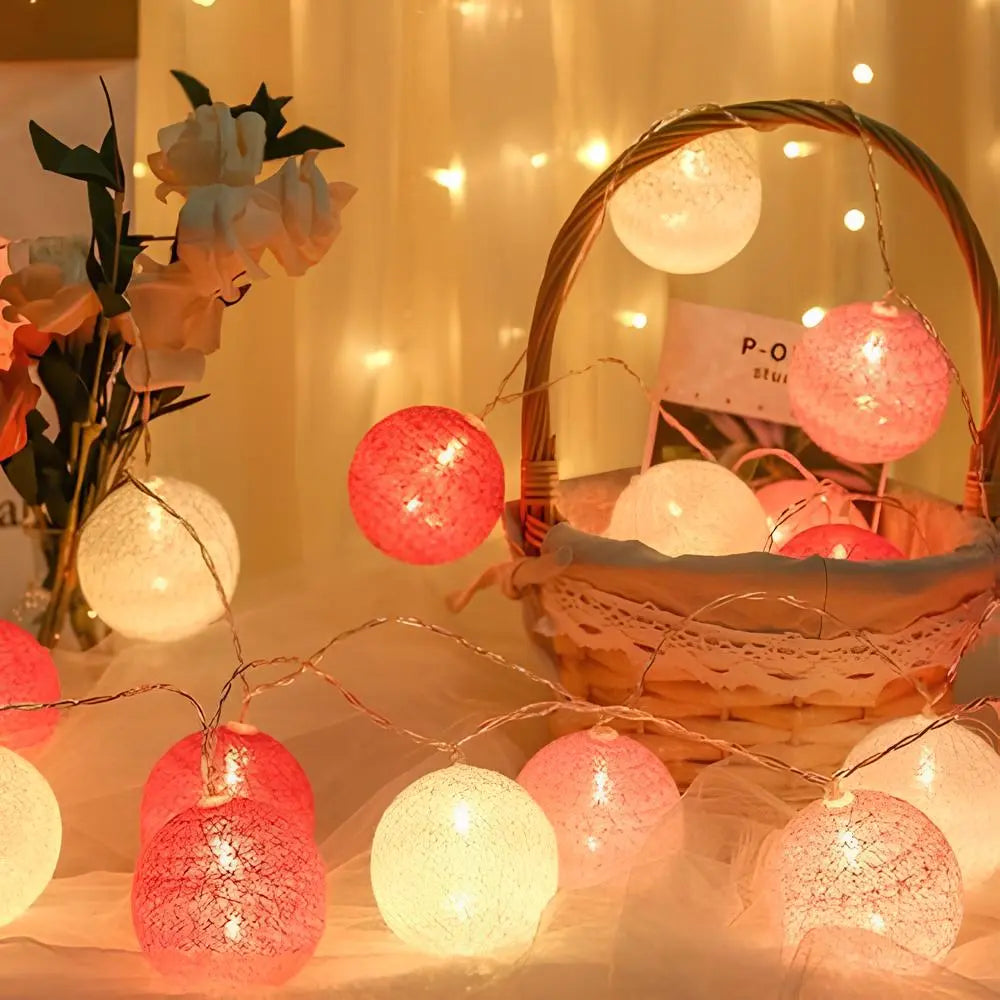 Cotton Ball String Lights LED Fairy Lights with Woven Cotton Balls Battery or USB Powered Garland Lights for Bedroom | Living Room | Nursery and Party