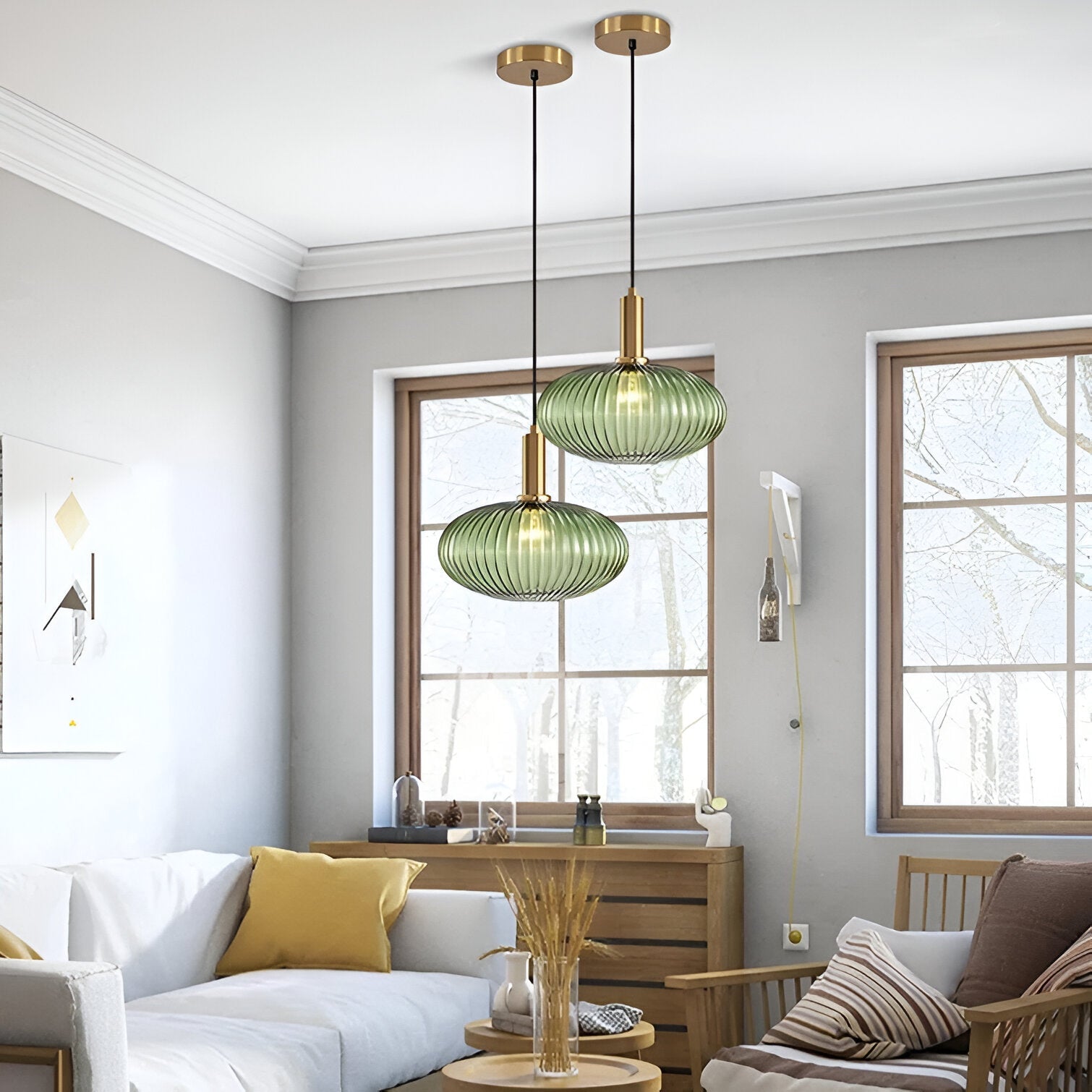 Ribbed Glass Pendant Lights With Metal Tube Fitting