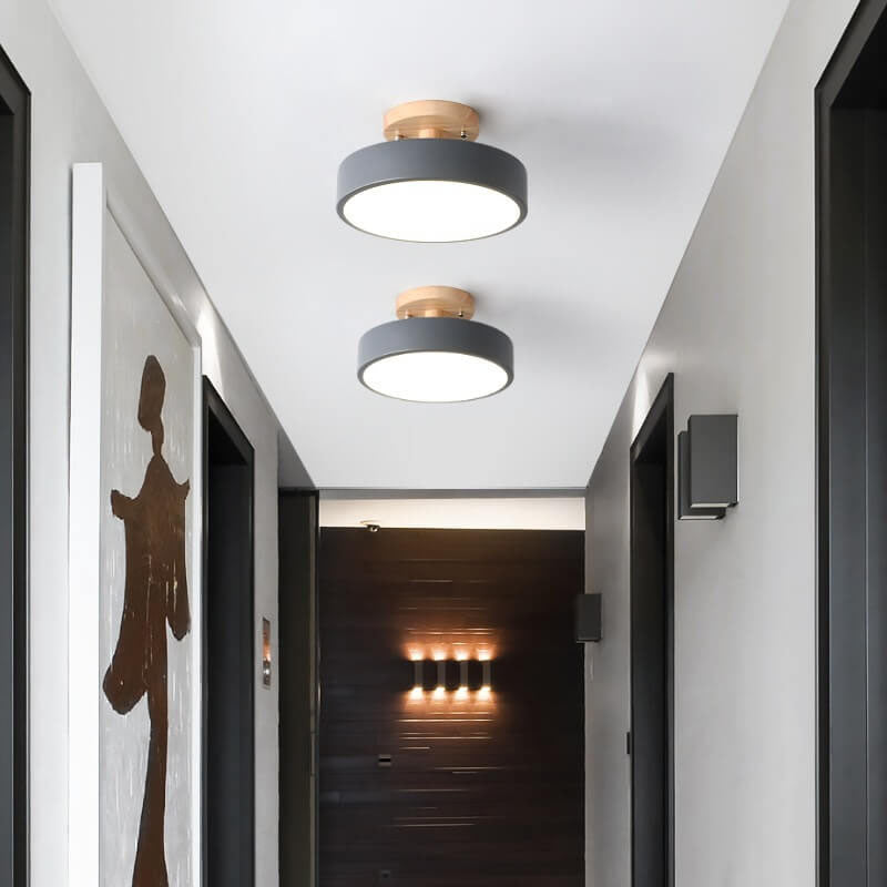 Nordic Round LED Ceiling Light Wood and Metal Semi Flush Ceiling Lamp with Colour Temperature Options for Hallway | Bedroom and Living Room