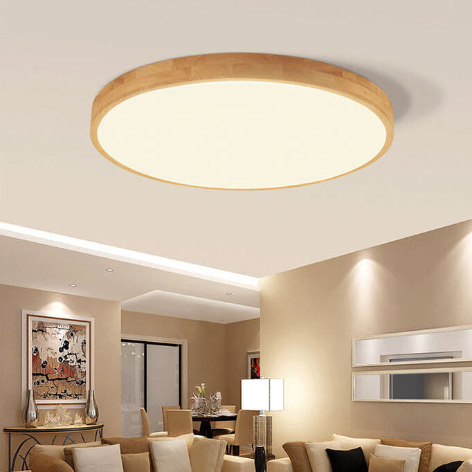 Solid Wood LED Ceiling Light Round Ultra Slim Flush Mount Ceiling Lamp Nordic Wooden Frame for Living Room and Bedroom