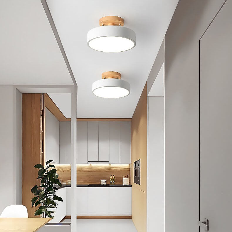 Nordic Round LED Ceiling Light Wood and Metal Semi Flush Ceiling Lamp with Colour Temperature Options for Hallway | Bedroom and Living Room