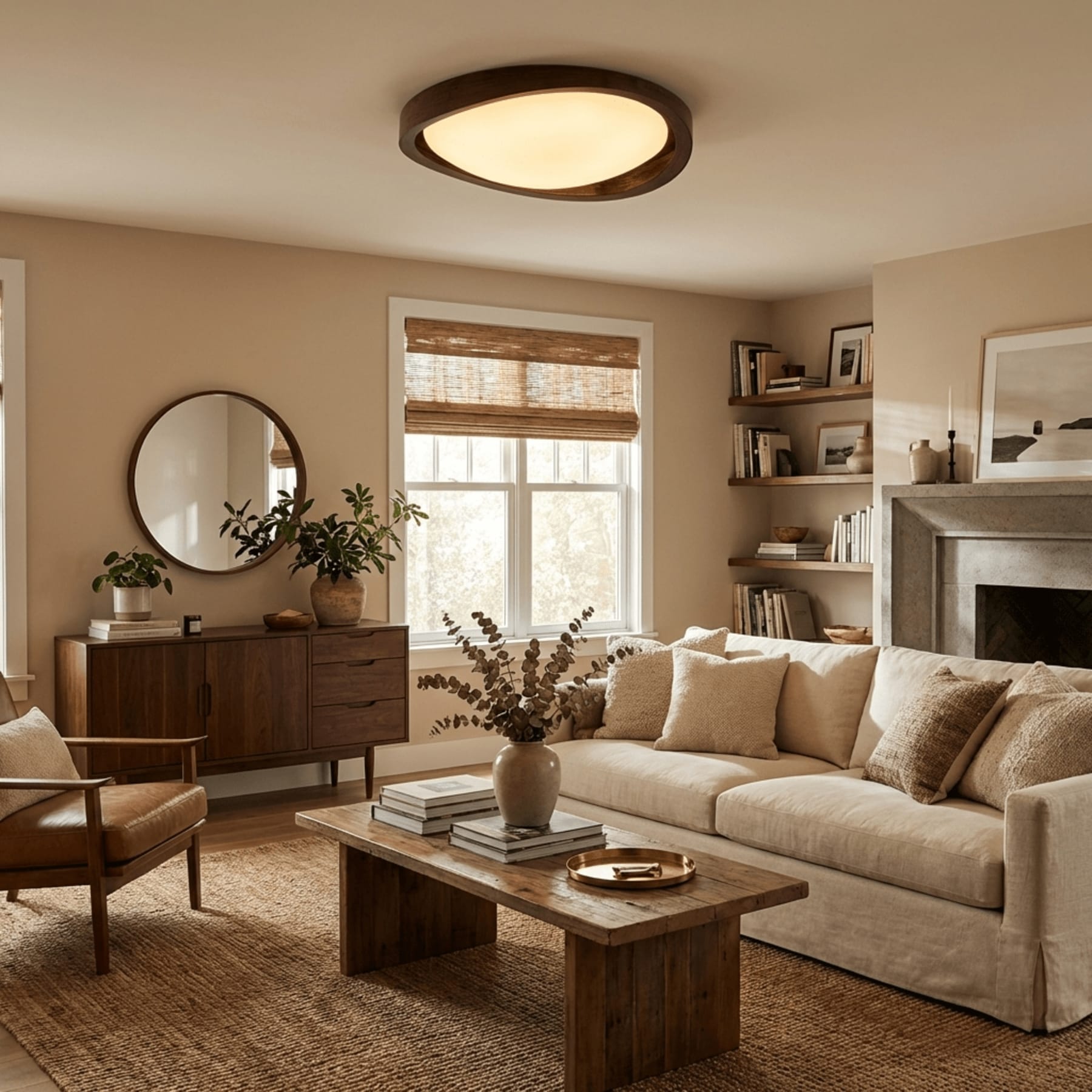 Modern Wood-Effect Fabric Flush Mount Ceiling Light With Tri-Colour Glow — Ashbury Home & Living