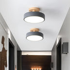 Nordic Round LED Ceiling Light Wood and Metal Semi Flush Ceiling Lamp with Colour Temperature Options for Hallway | Bedroom and Living Room