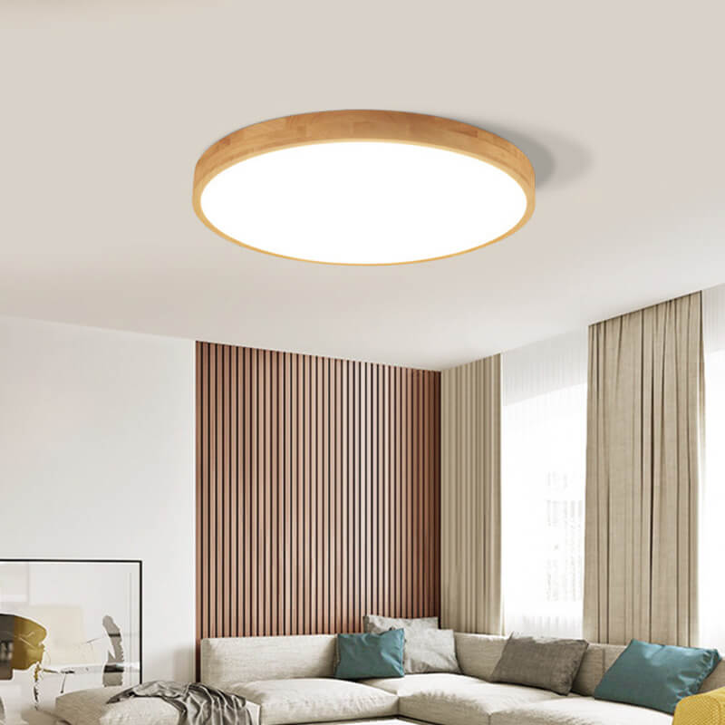 Solid Wood LED Ceiling Light Round Ultra Slim Flush Mount Ceiling Lamp Nordic Wooden Frame for Living Room and Bedroom