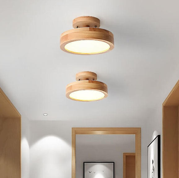 Nordic Round LED Ceiling Light Wood and Metal Semi Flush Ceiling Lamp with Colour Temperature Options for Hallway | Bedroom and Living Room