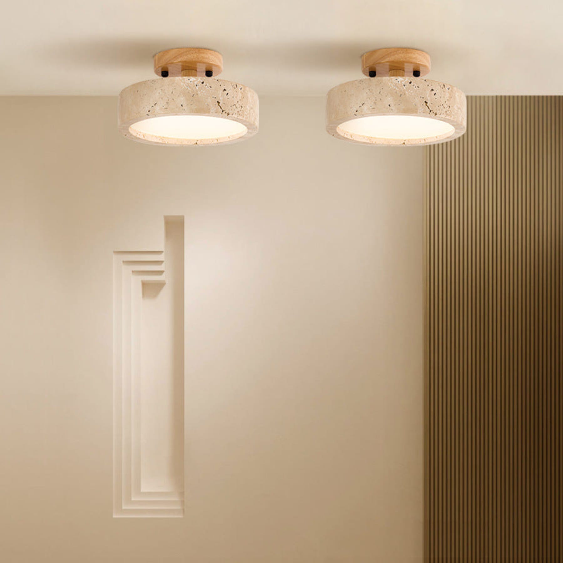 Modern Travertine and Wood Flush Mount Ceiling Light — Ashbury Home & Living