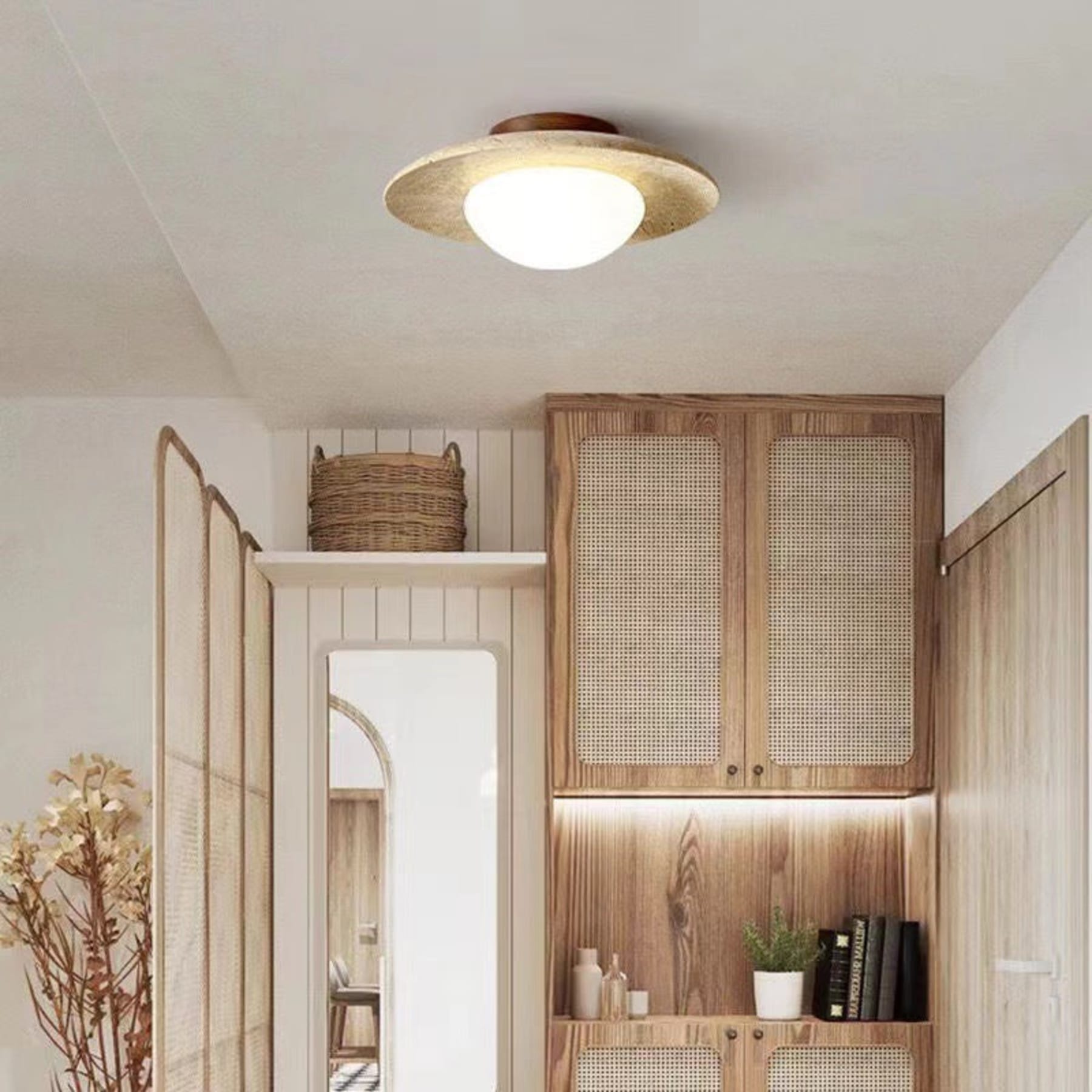 Modern Travertine and Wood Semi-Flush Ceiling Light With Warm LED Glow — Ashbury Home & Living