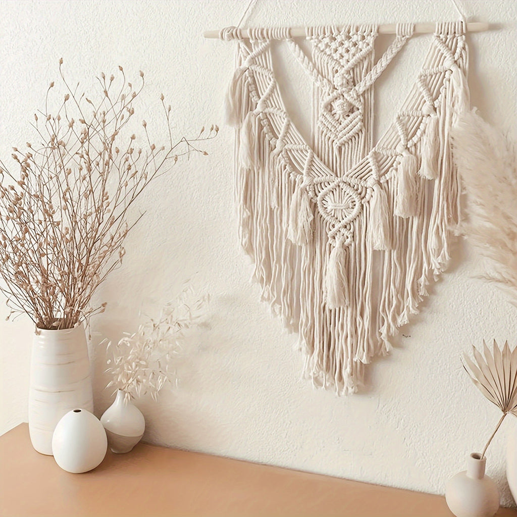Macrame Wall Hanging Bohemian Woven Tapestry Handcrafted Knotted Wall Art with Tassels and Wooden Dowel for Bedroom | Living Room and Entryway
