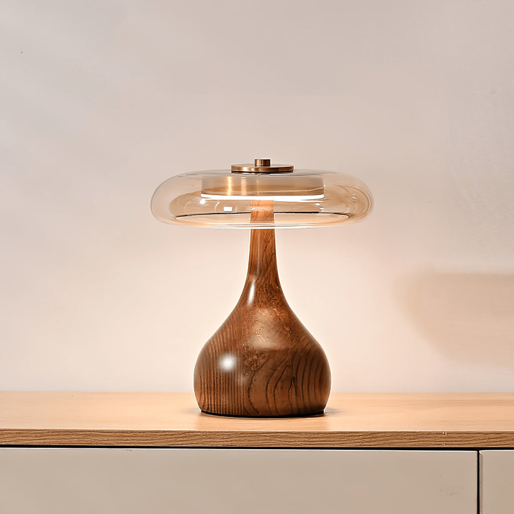 Contemporary Ash Wood And Brass Table Lamp With Glass Shade in Walnut & Amber — Ashbury Home & Living