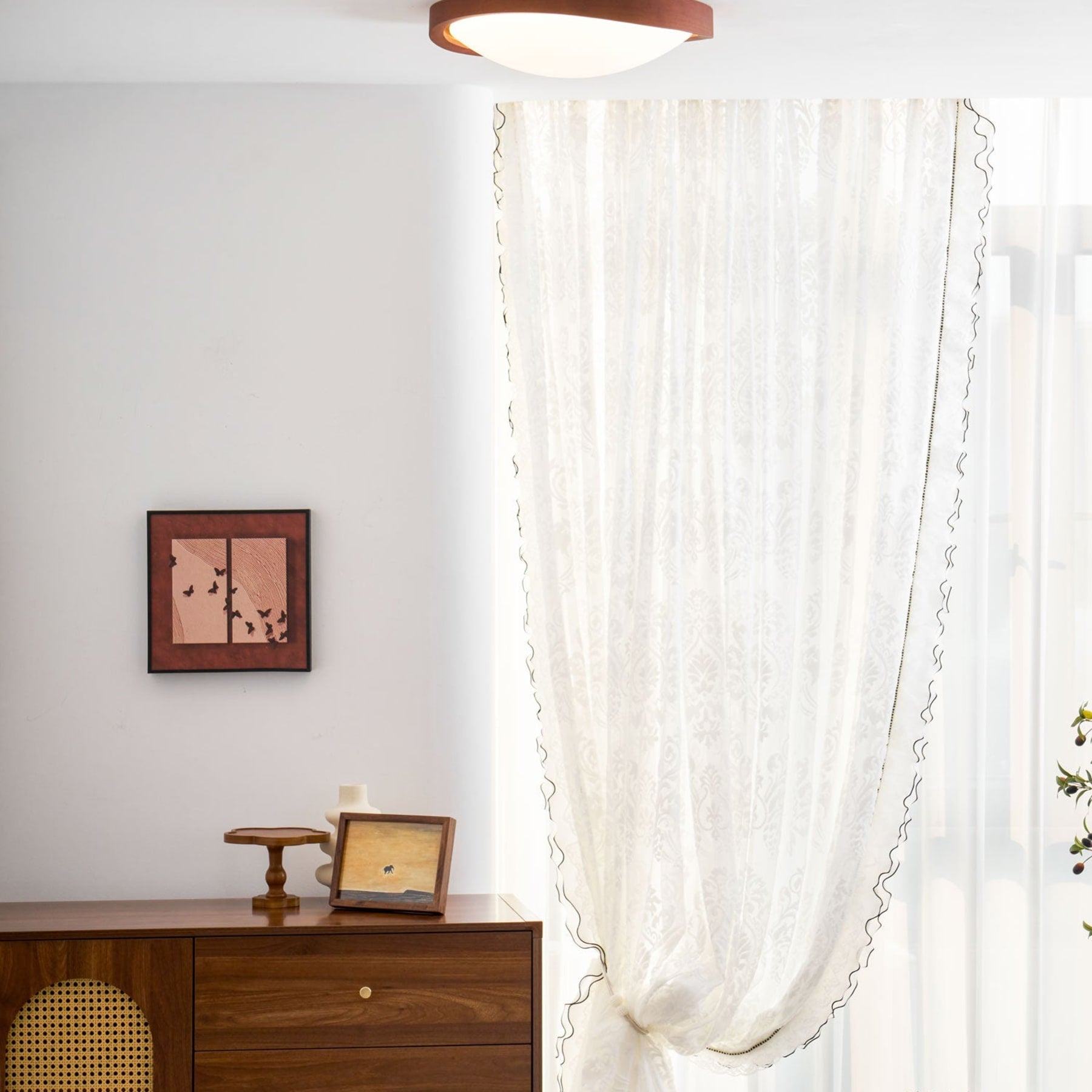 Modern Wood-Effect Fabric Flush Mount Ceiling Light With Tri-Colour Glow — Ashbury Home & Living