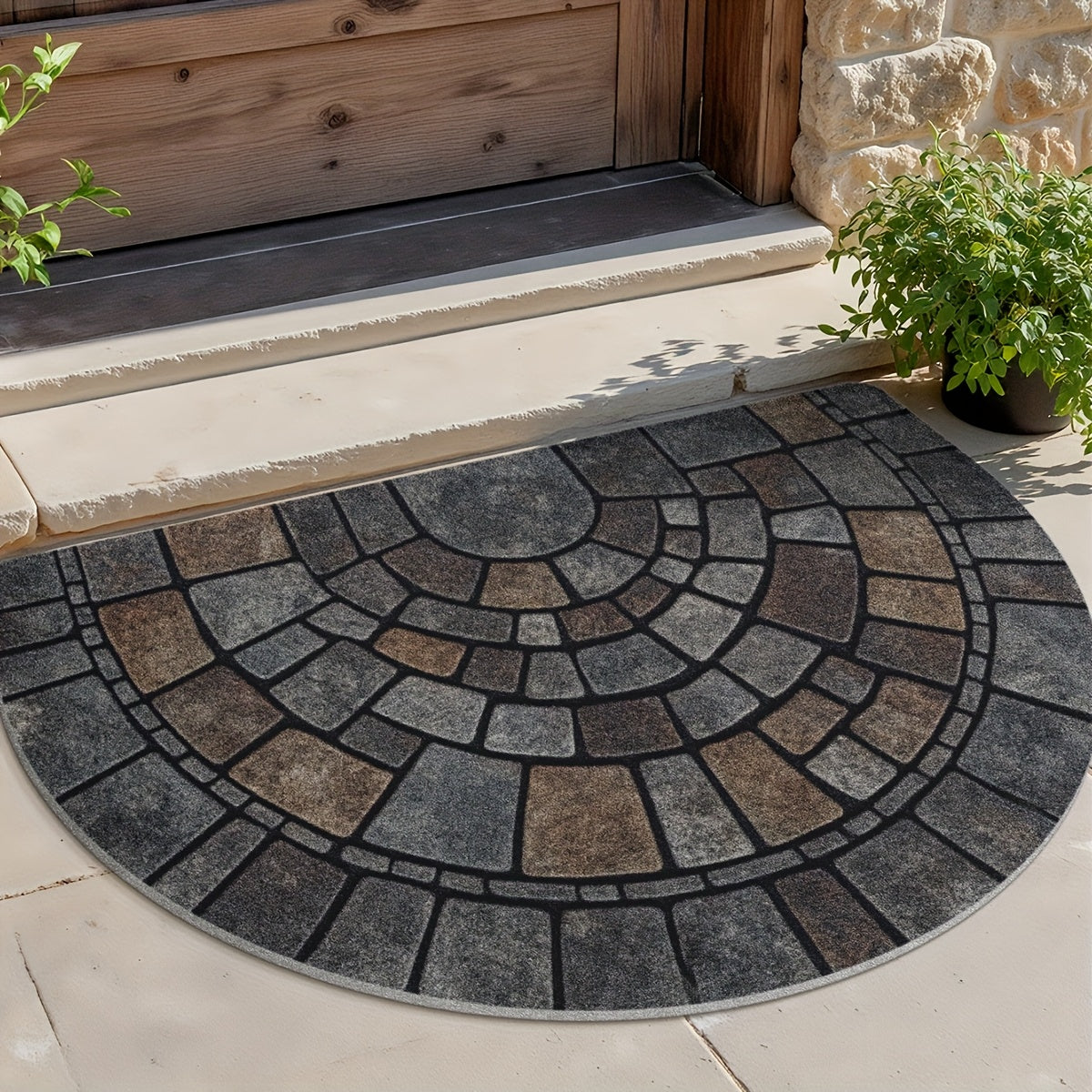 Half Moon Door Mat Non-Slip Mosaic Stone Effect Doormat Semicircle Polyester Entrance Mat for Indoor and Outdoor Use