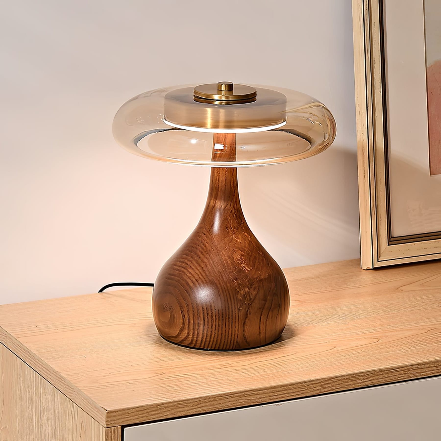 Contemporary Ash Wood And Brass Table Lamp With Glass Shade — Ashbury Home & Living