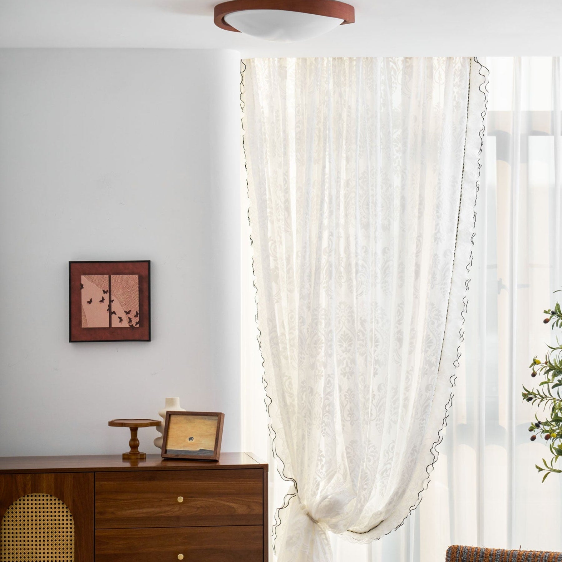 Modern Wood-Effect Fabric Flush Mount Ceiling Light With Tri-Colour Glow — Ashbury Home & Living