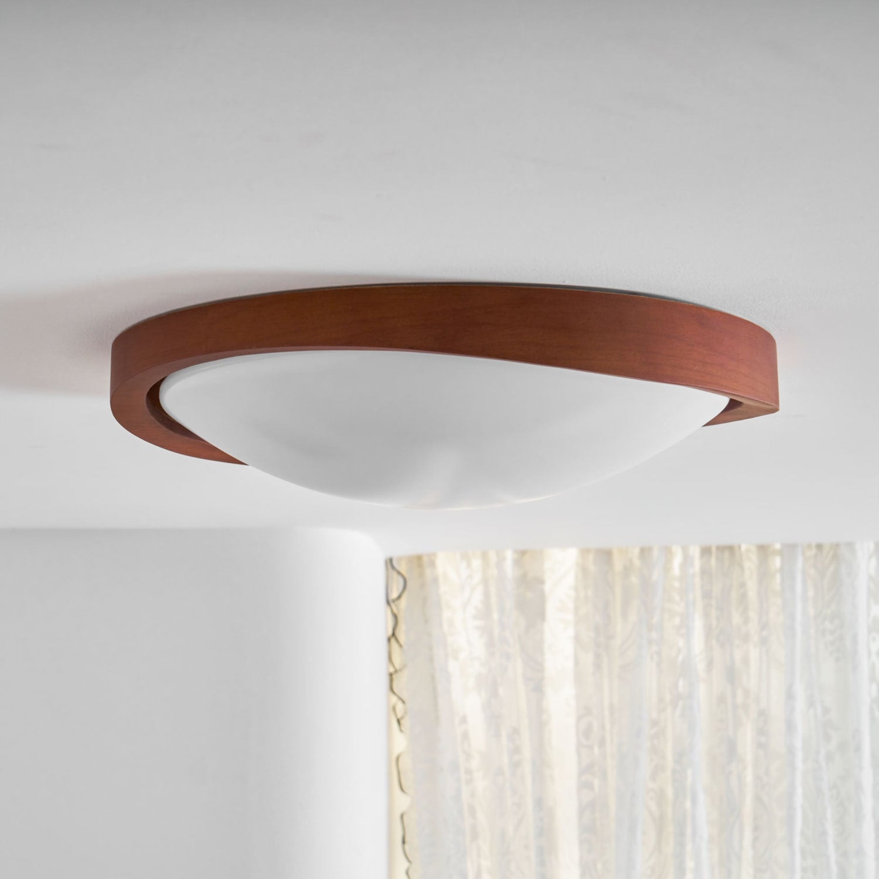 Modern Wood-Effect Fabric Flush Mount Ceiling Light With Tri-Colour Glow — Ashbury Home & Living