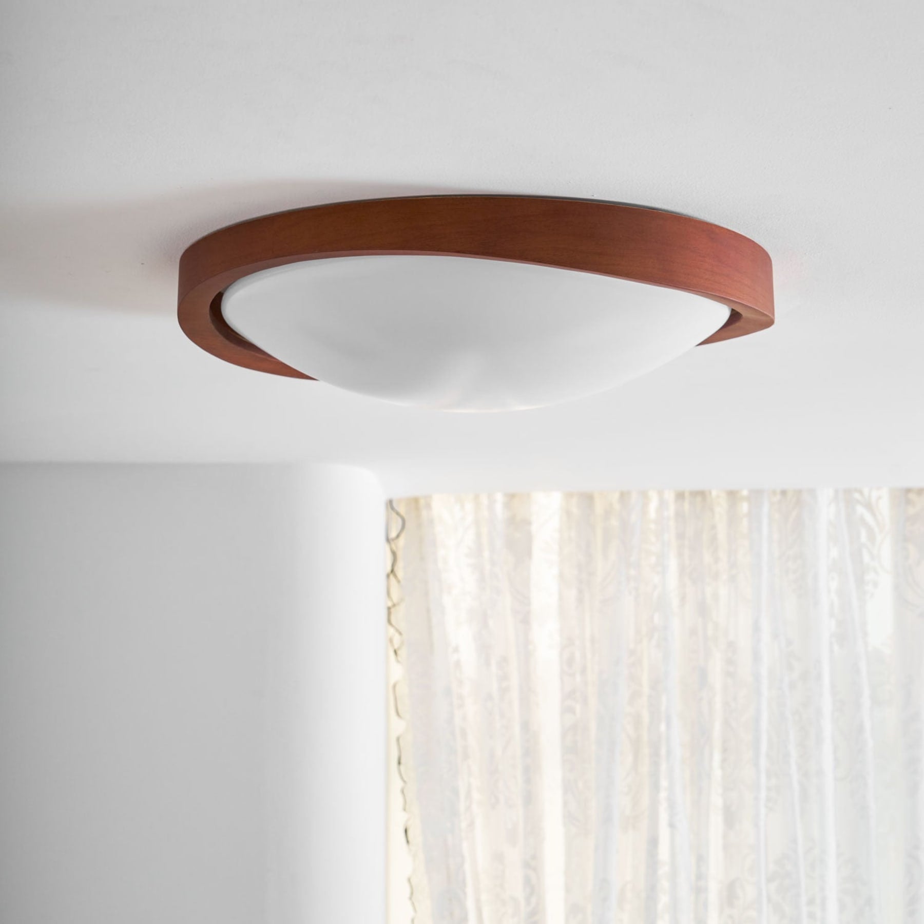 Modern Wood-Effect Fabric Flush Mount Ceiling Light With Tri-Colour Glow — Ashbury Home & Living