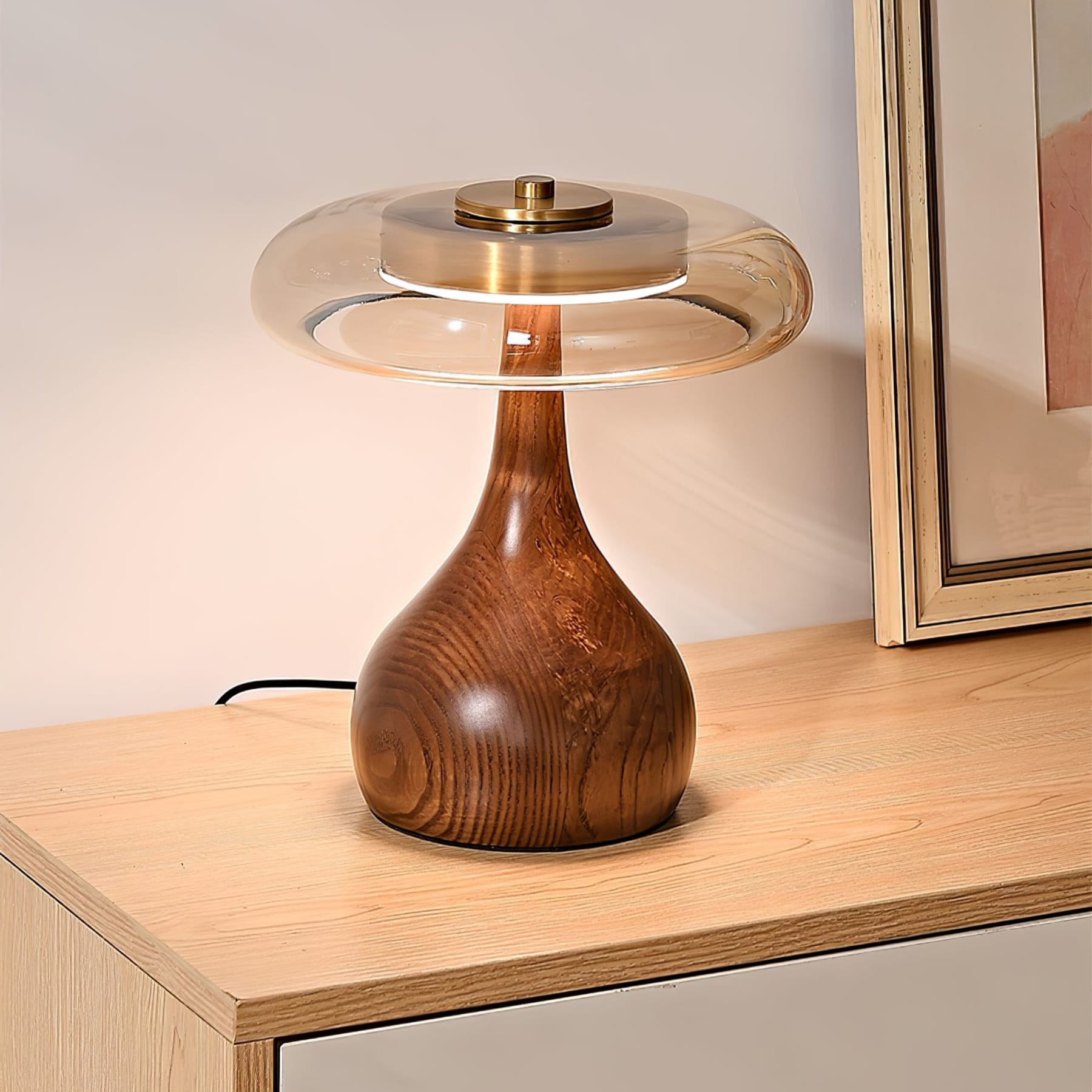 Contemporary Ash Wood And Brass Table Lamp With Glass Shade — Ashbury Home & Living