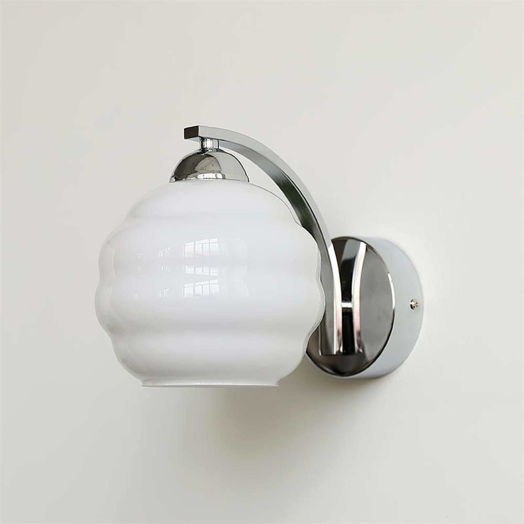 Contemporary Wrought Iron and Glass Wall Light With Warm LED Glow in Chrome and White — Ashbury Home & Living