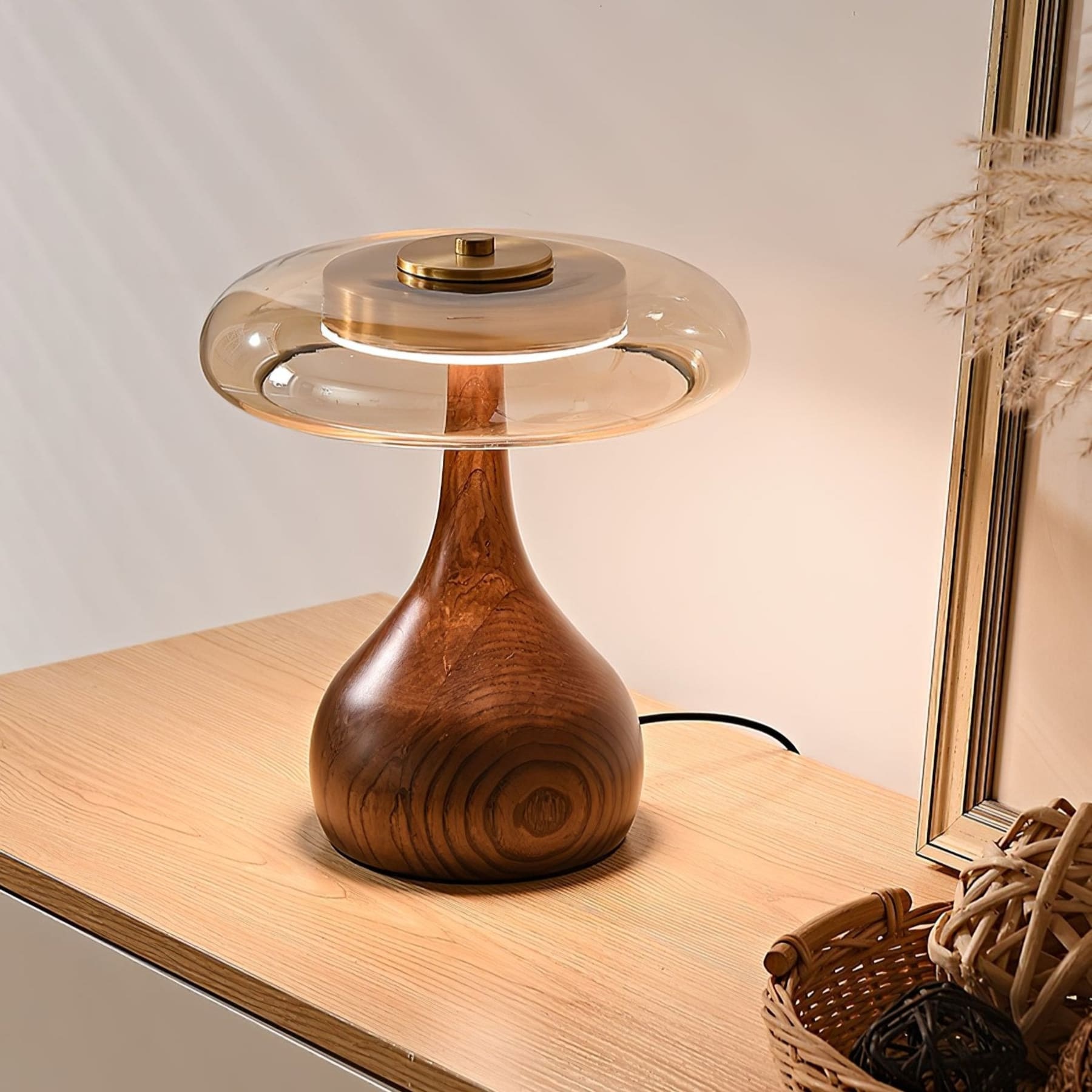 Contemporary Ash Wood And Brass Table Lamp With Glass Shade — Ashbury Home & Living