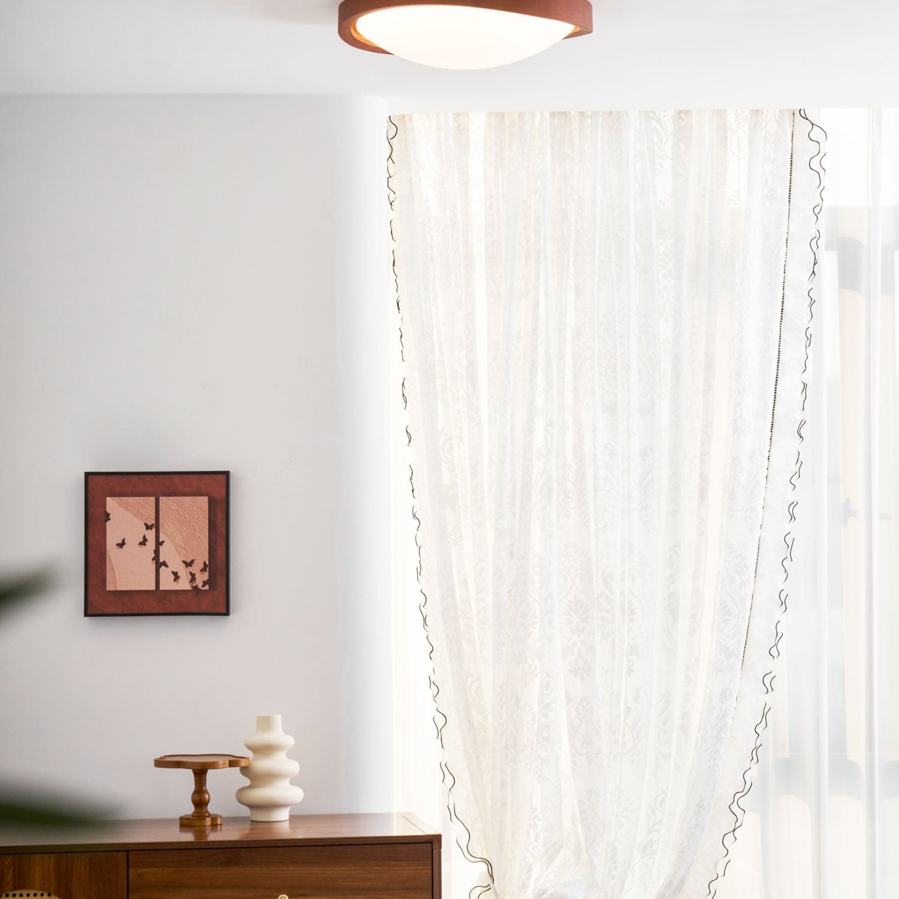 Modern Wood-Effect Fabric Flush Mount Ceiling Light With Tri-Colour Glow — Ashbury Home & Living