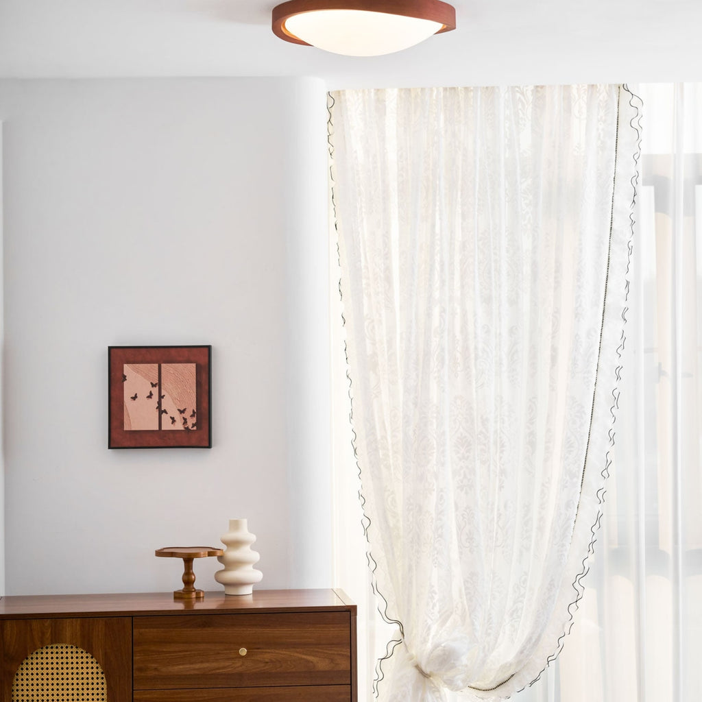 Modern Wood-Effect Fabric Flush Mount Ceiling Light With Tri-Colour Glow — Ashbury Home & Living