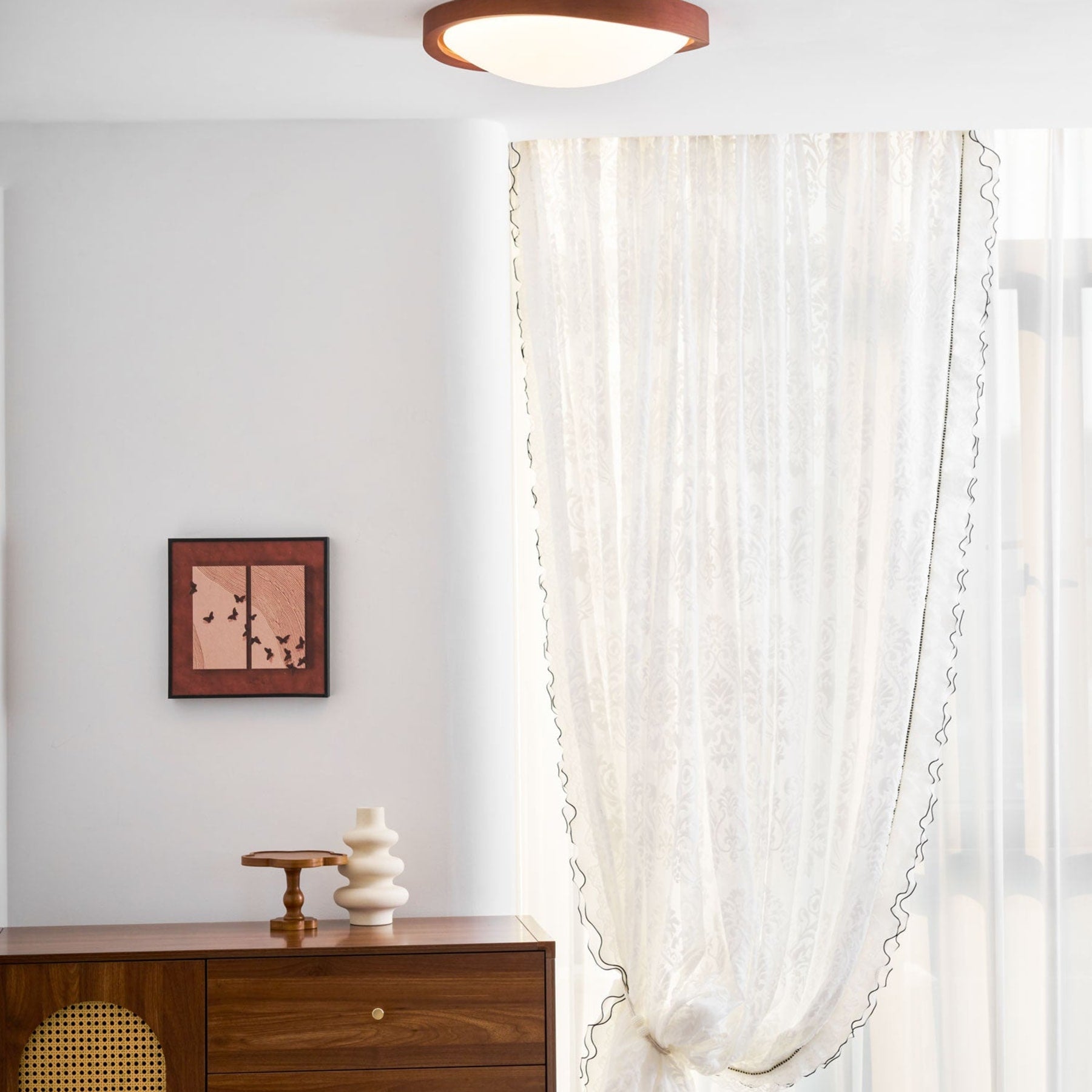 Modern Wood-Effect Fabric Flush Mount Ceiling Light With Tri-Colour Glow — Ashbury Home & Living