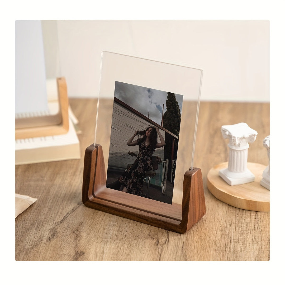 Acrylic Photo Frame with Wooden Base Clear U-Shaped Picture Frame Modern Minimalist Tabletop Frame for Desk | Shelf and Bedside
