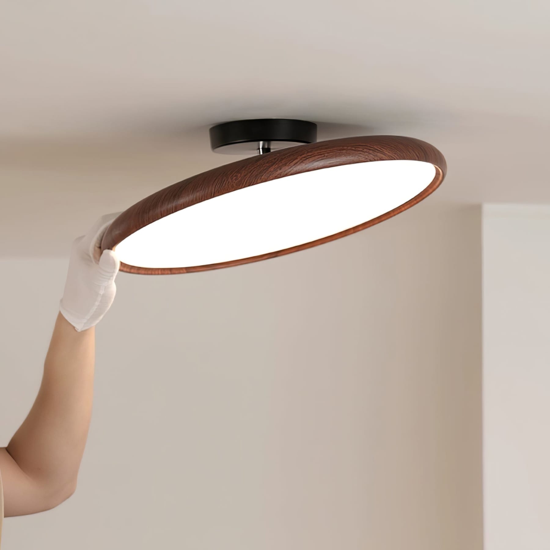 Scandinavian Wood-Effect Flush Mount Ceiling Light With Tri-Colour Glow — Ashbury Home & Living