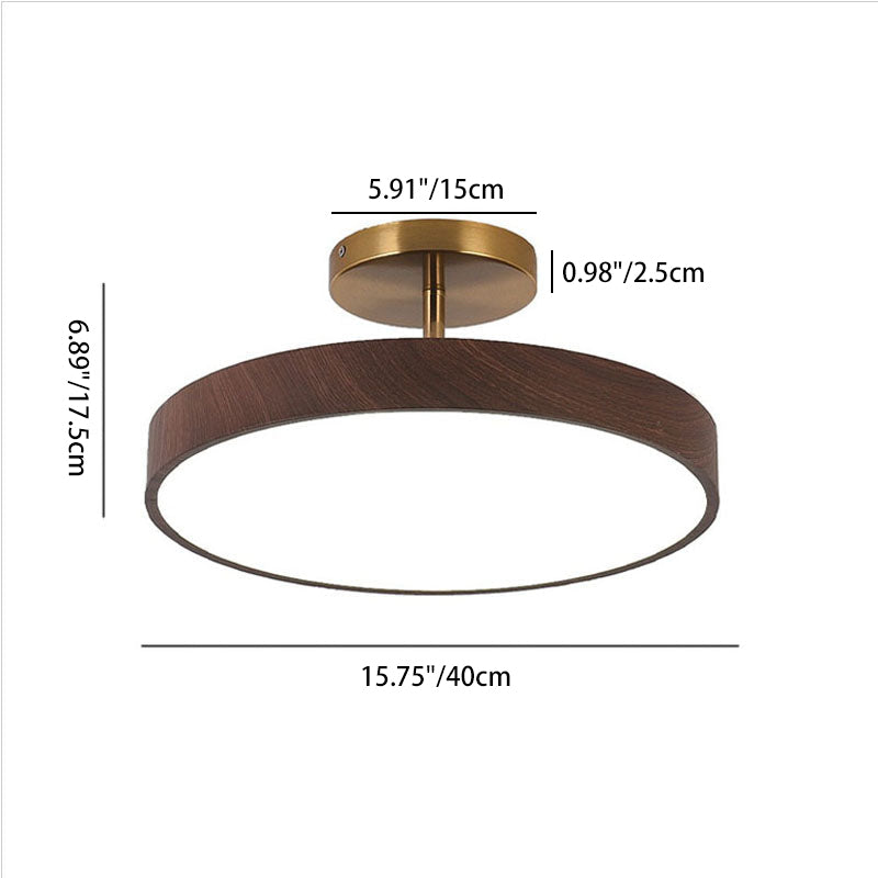 Wood Effect LED Ceiling Light Round Semi Flush Ceiling Lamp Japandi Wood Grain Finish with Brass Tone Fitting for Bedroom and Hallway