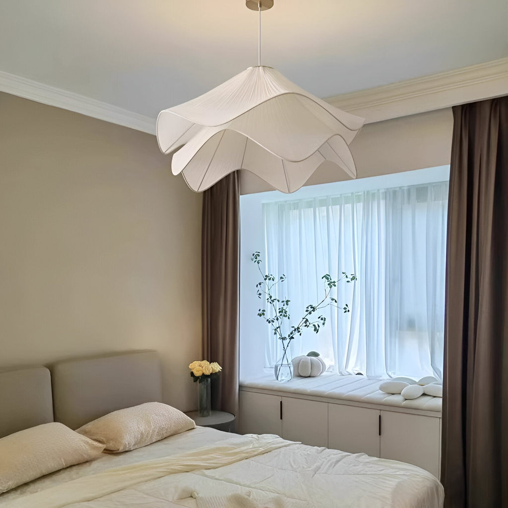 White Japandi Fabric pendant lights LED Light With Wavy Shade