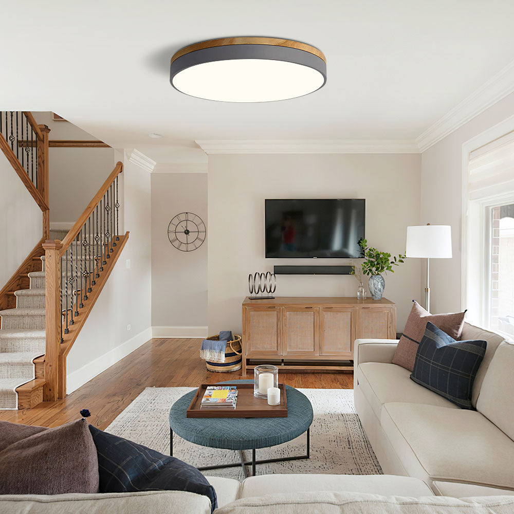 Round Flush LED Ceiling Light with Wood Trim for Living Room
