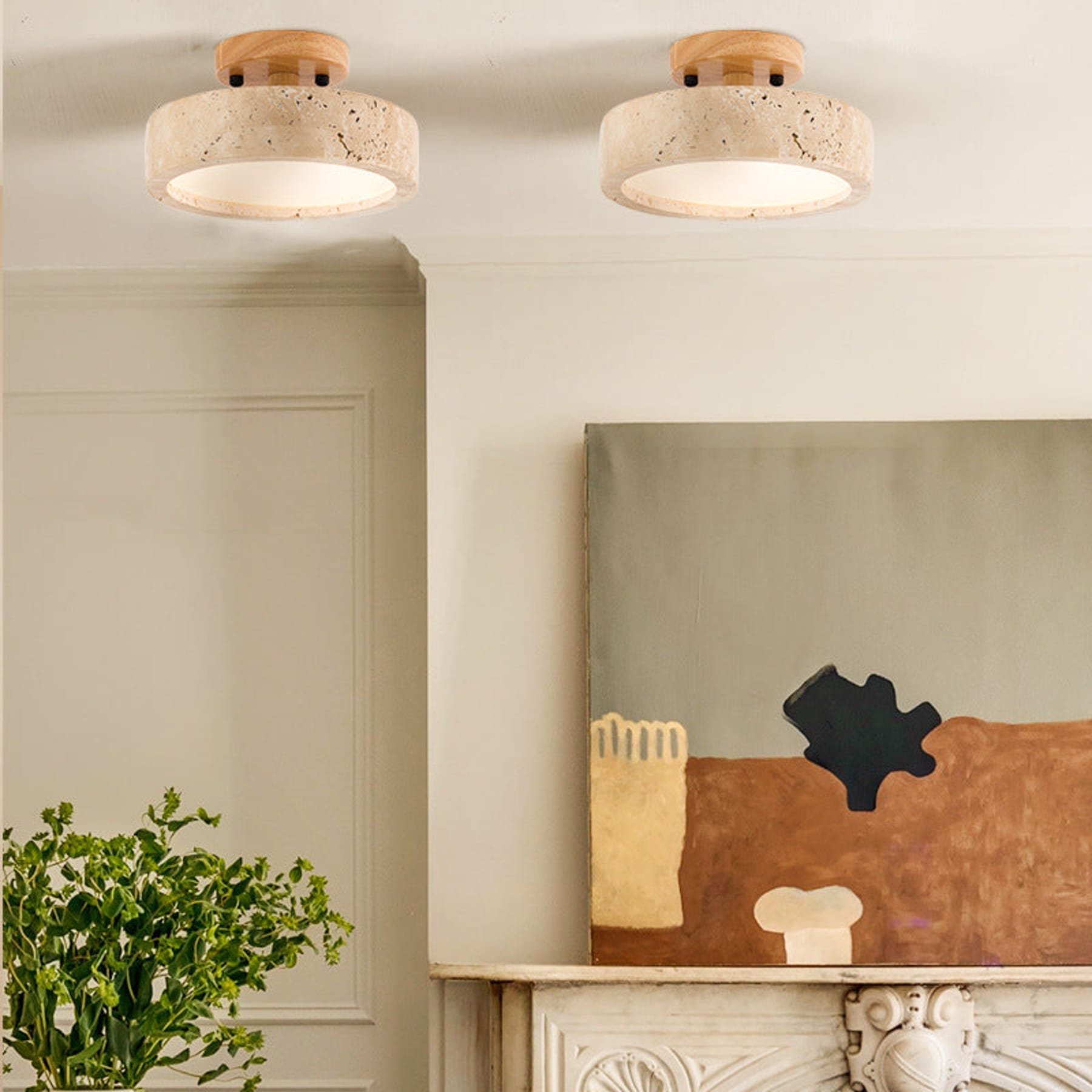 Modern Travertine and Wood Flush Mount Ceiling Light — Ashbury Home & Living