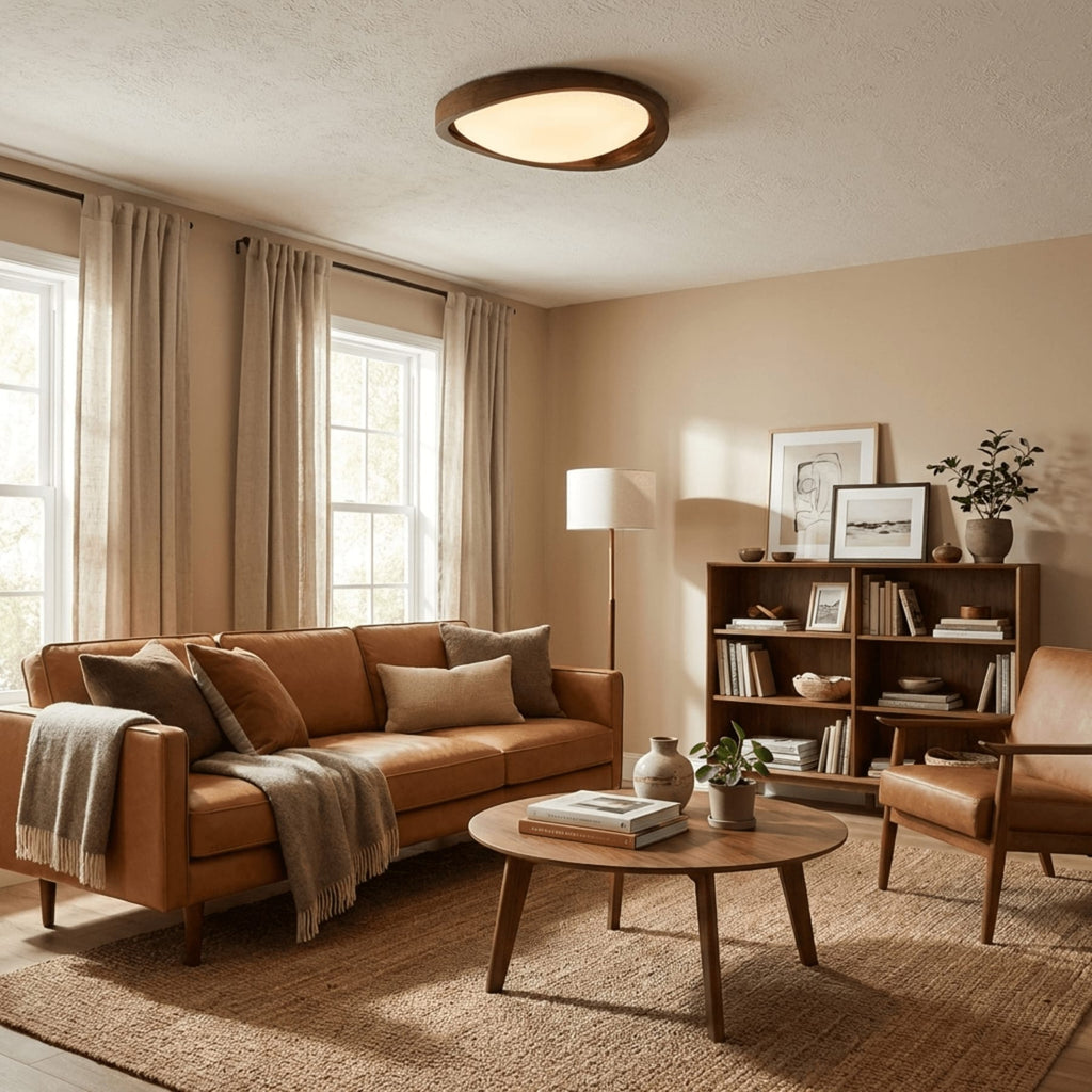 Modern Wood-Effect Fabric Flush Mount Ceiling Light With Tri-Colour Glow — Ashbury Home & Living