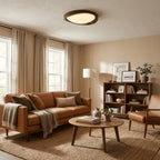 Modern Wood-Effect Fabric Flush Mount Ceiling Light With Tri-Colour Glow — Ashbury Home & Living