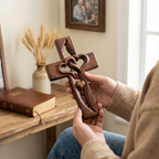 Wooden Cross Wall Decor Carved Intertwined Hearts Hanging Wall Cross Natural Wood Christian Decor for Entryway | Bedroom and Living Room