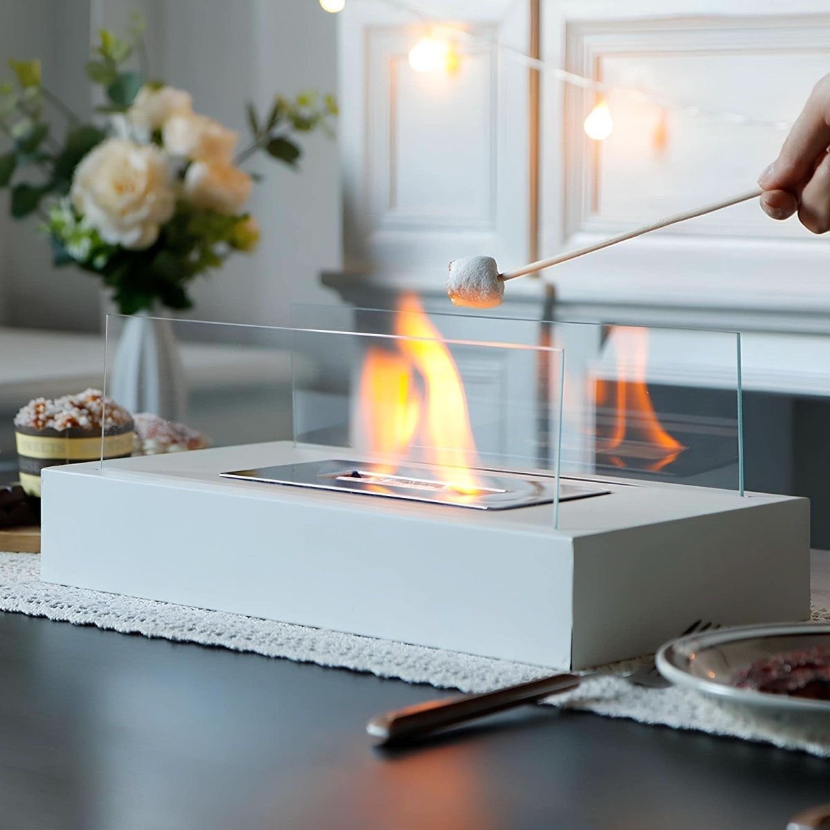 Portable Bioethanol Table Fireplace Tempered Glass and Steel Tabletop Fire Smokeless for Indoor and Outdoor Use
