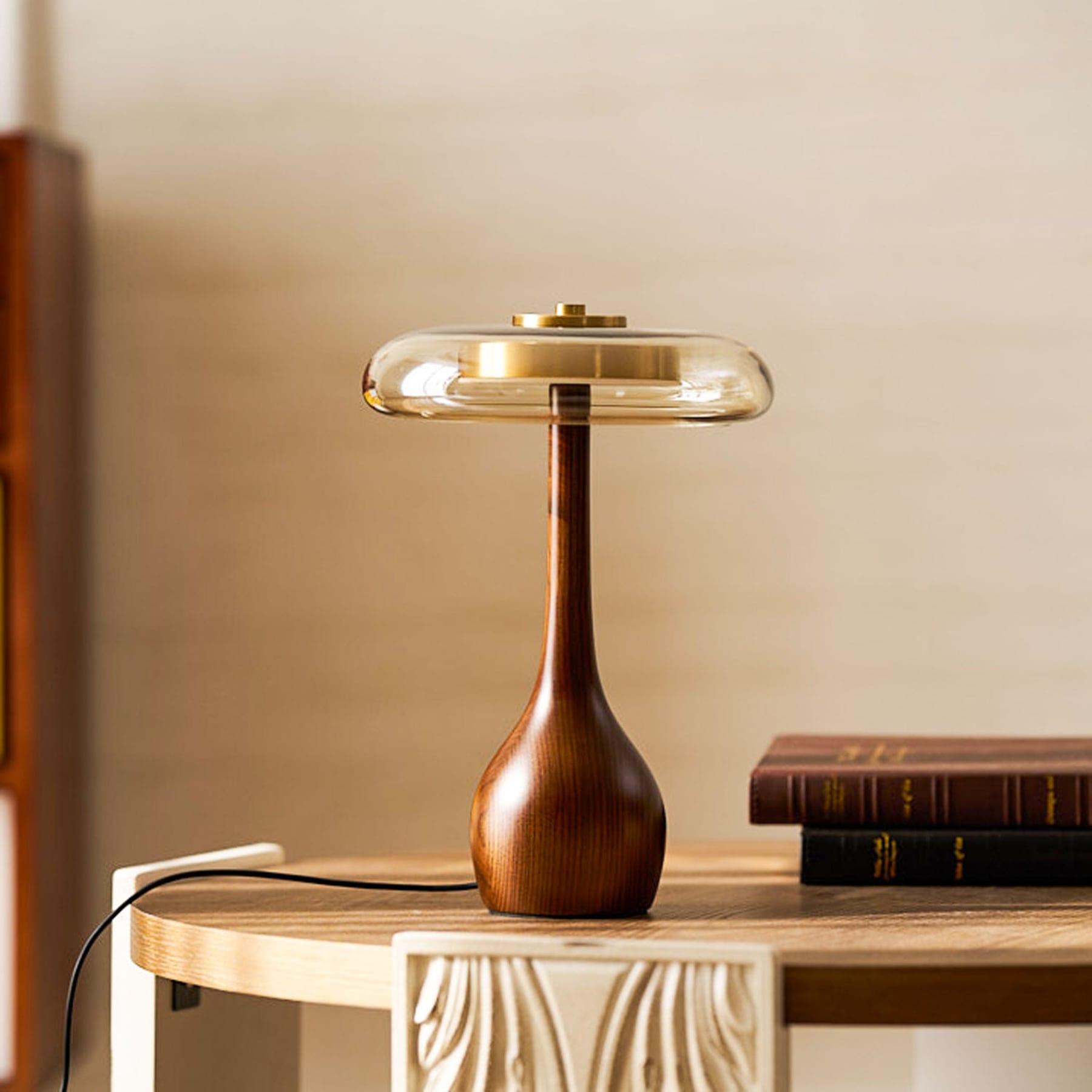 Contemporary Ash Wood And Brass Table Lamp With Glass Shade — Ashbury Home & Living